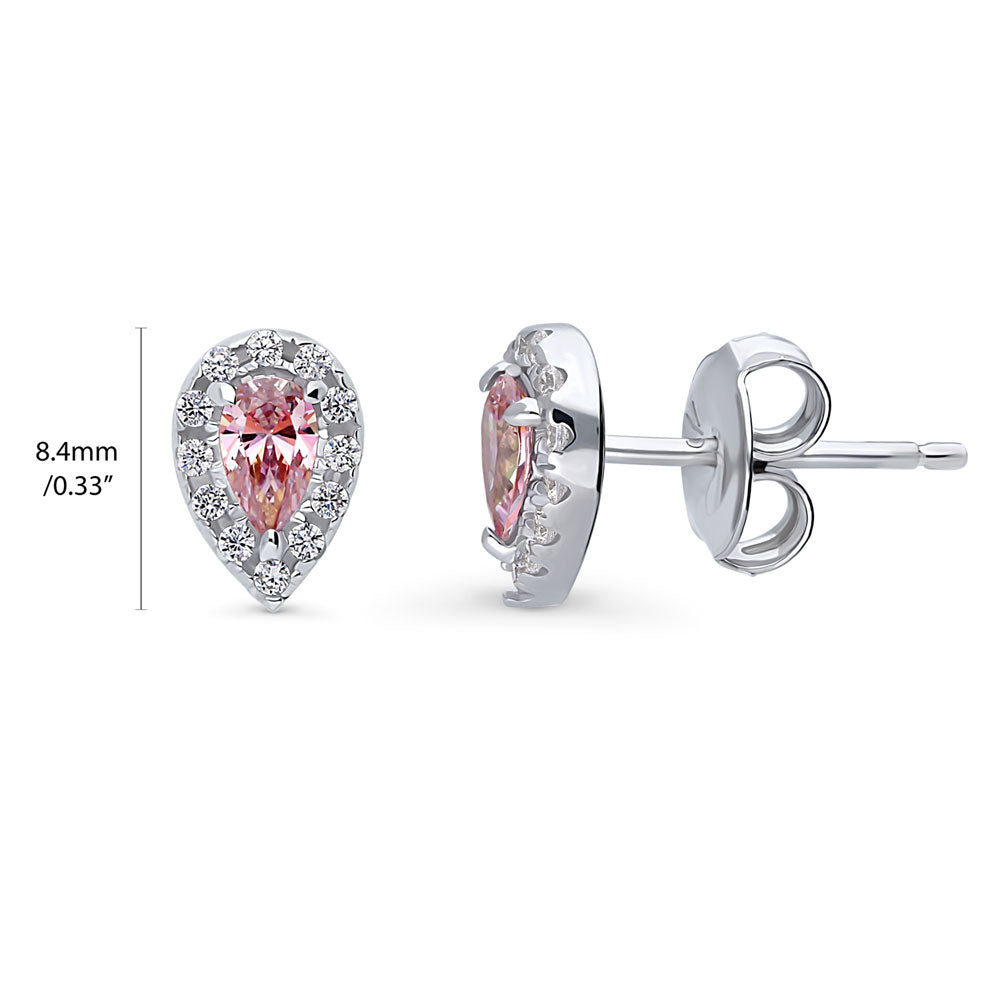 Front view of Halo Pear CZ Stud Earrings in Sterling Silver, Morganite Color