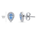 Front view of Halo Pear CZ Stud Earrings in Sterling Silver, Greyish Blue Color