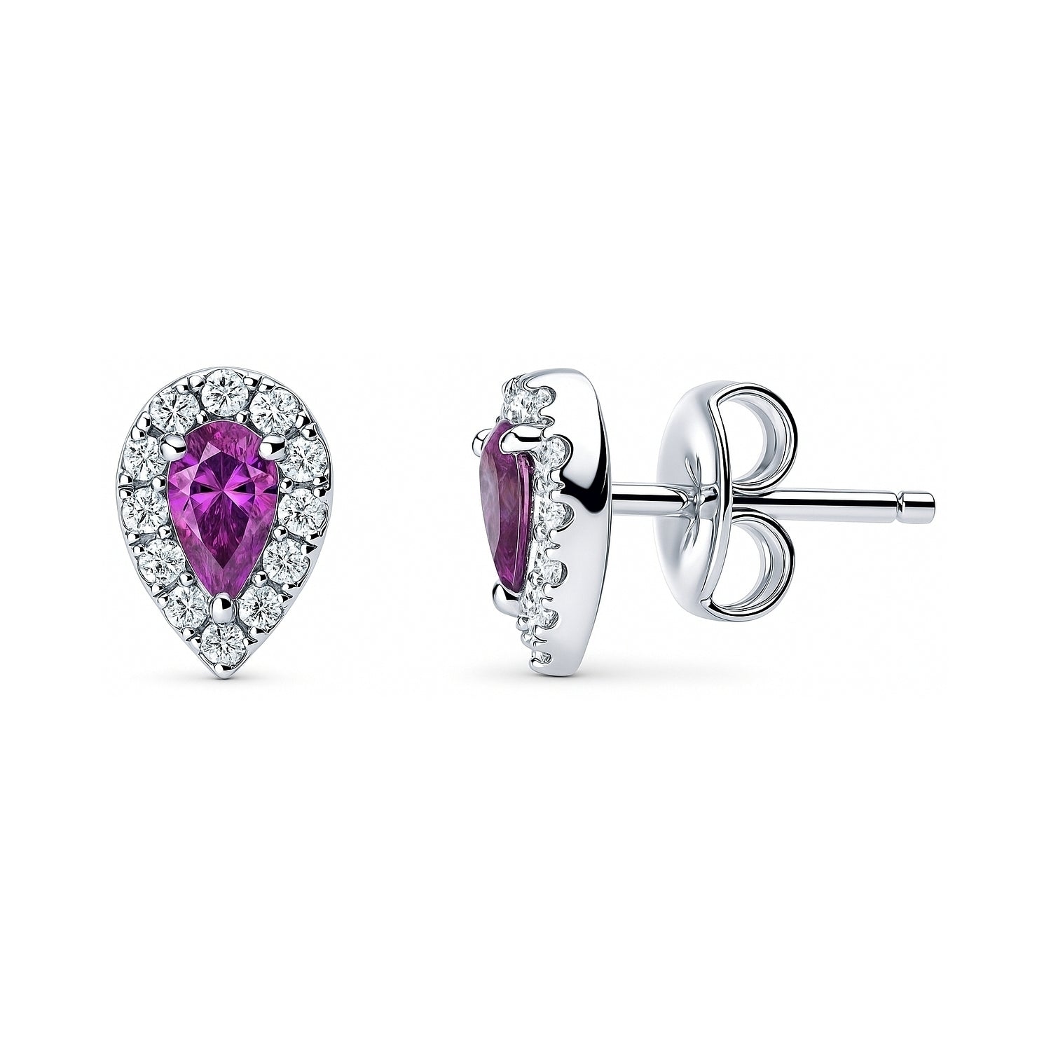 Halo Pear CZ Stud Earrings in Sterling Silver, Purple Color