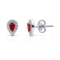 Halo Pear CZ Stud Earrings in Sterling Silver, Red Color