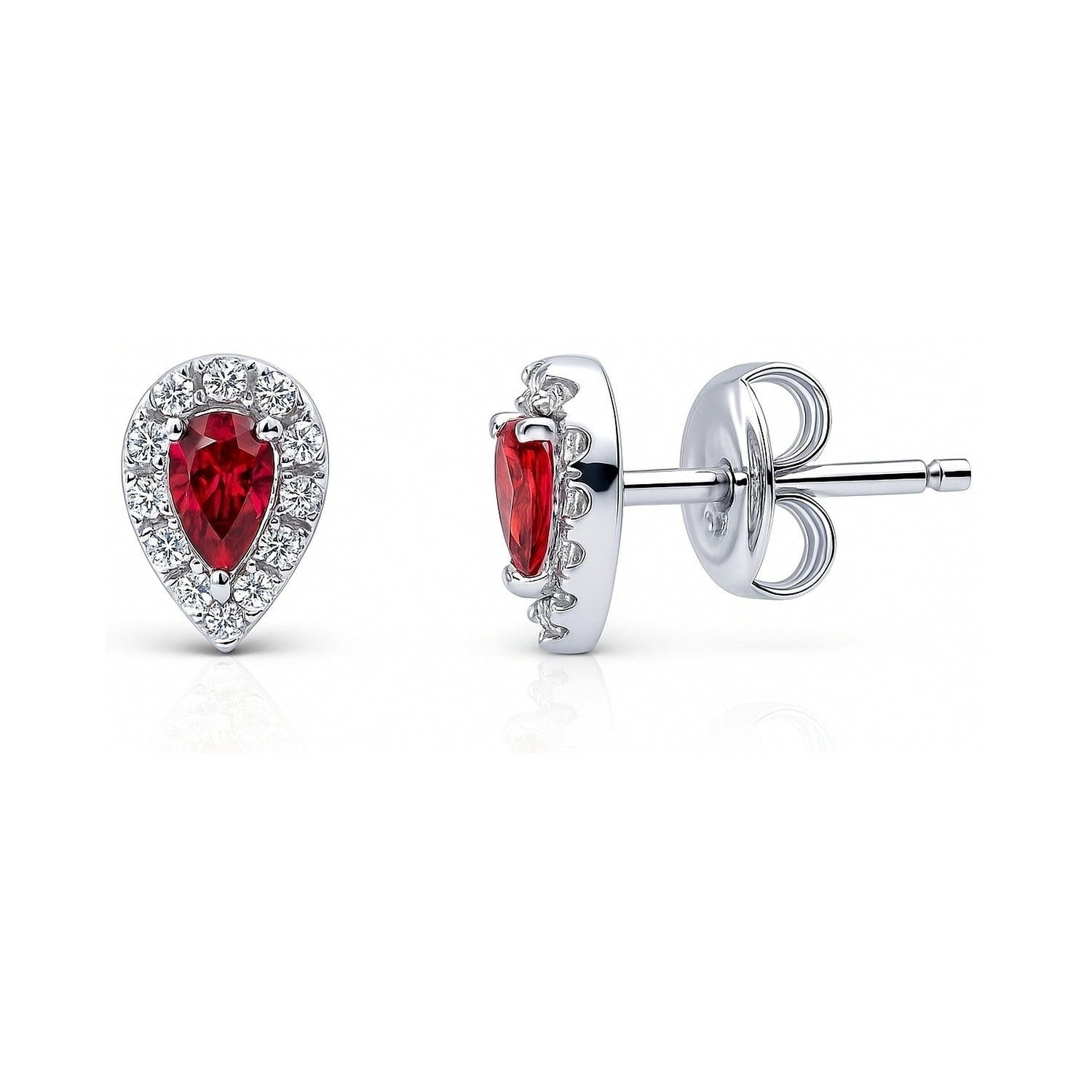 Halo Pear CZ Stud Earrings in Sterling Silver, Red Color