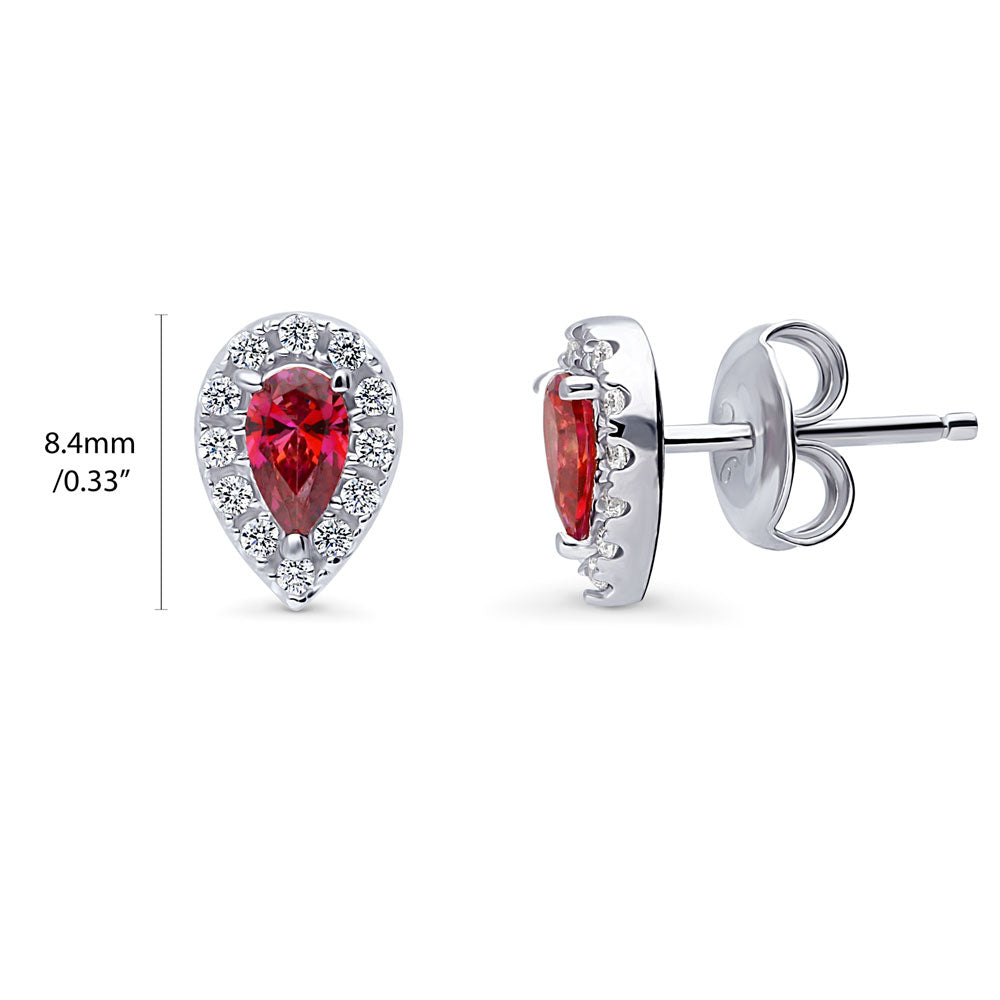 Front view of Halo Pear CZ Stud Earrings in Sterling Silver, Red Color