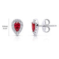 Halo Pear CZ Stud Earrings in Sterling Silver, Red Color