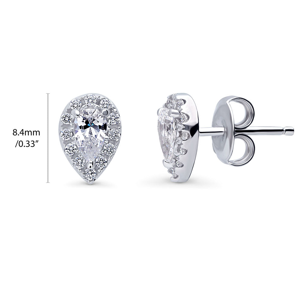 Front view of Halo Pear CZ Stud Earrings in Sterling Silver, Clear Color