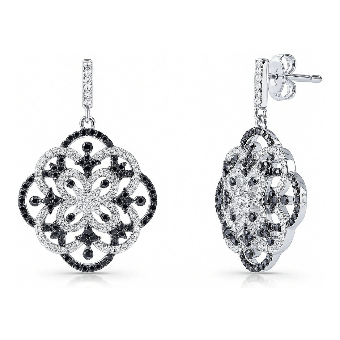 Flower Black and White CZ Earrings in Sterling Silver