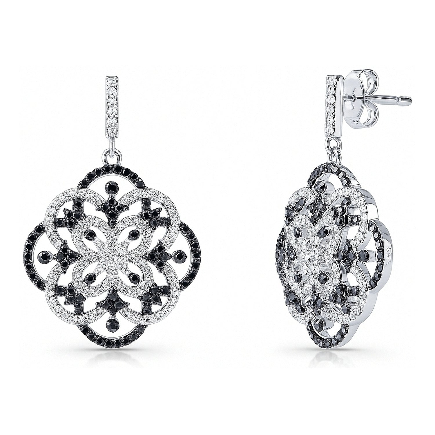 Flower Black and White CZ Earrings in Sterling Silver, 1 of 7