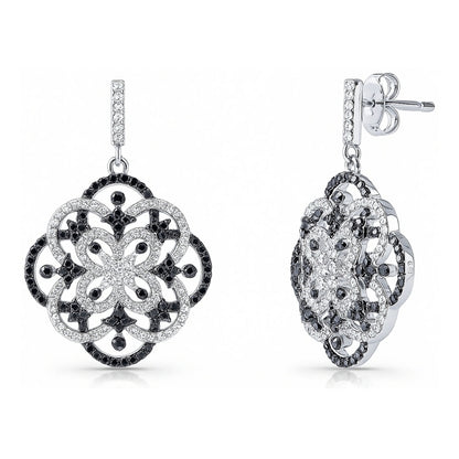 Flower Black and White CZ Earrings in Sterling Silver