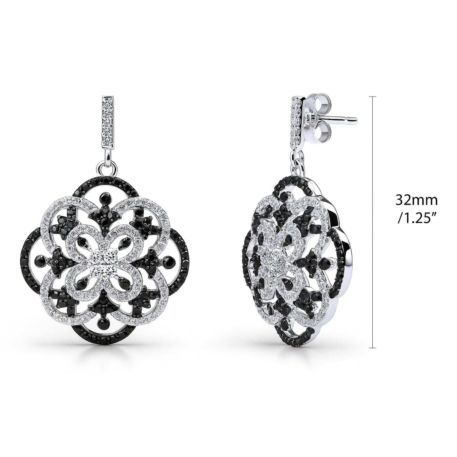 Flower Black and White CZ Earrings in Sterling Silver