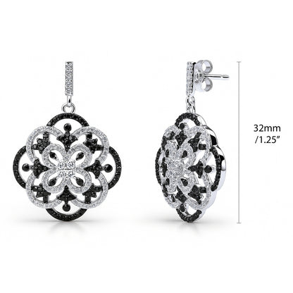 Flower Black and White CZ Earrings in Sterling Silver