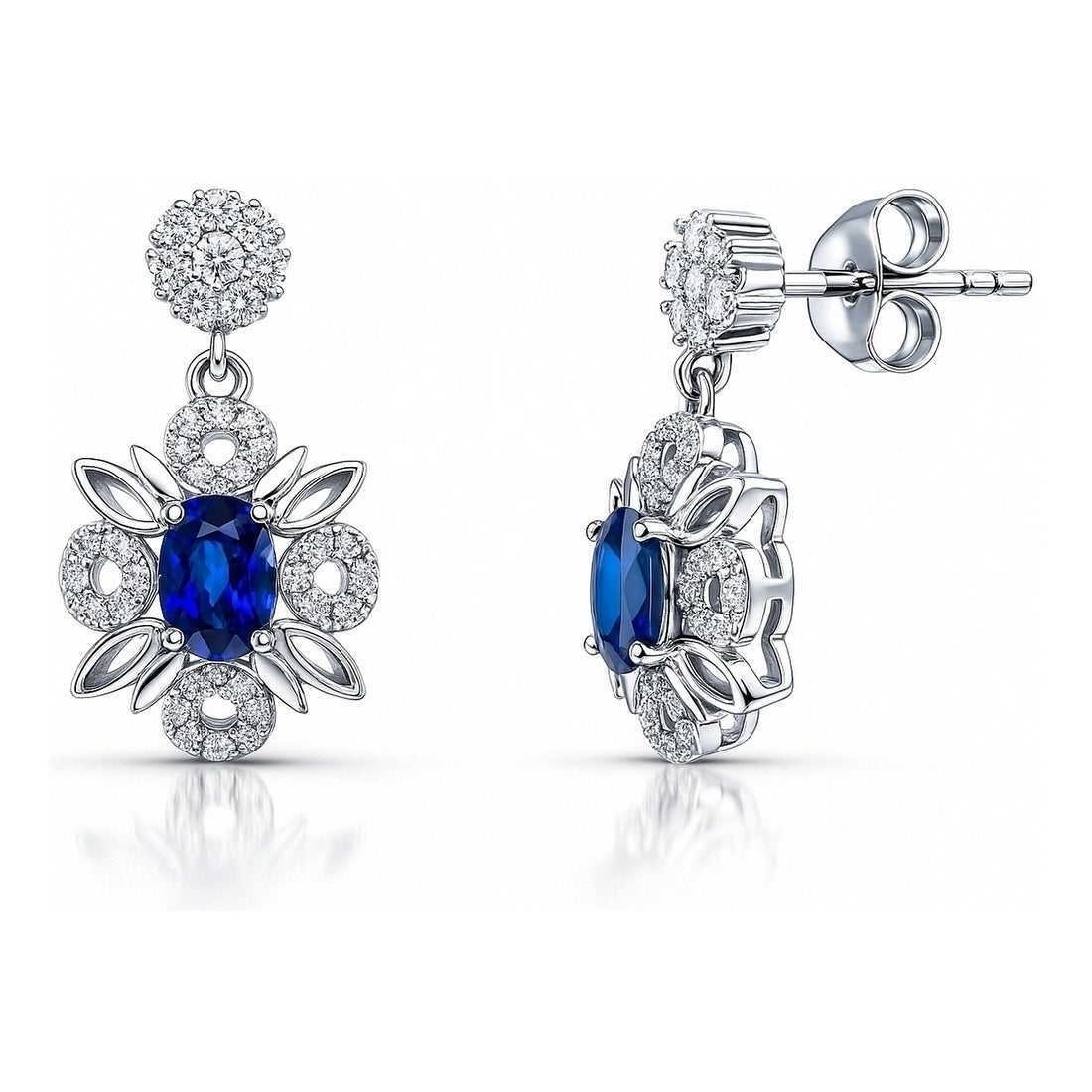 Flower Halo Sapphire-Blue CZ Earrings in Sterling Silver