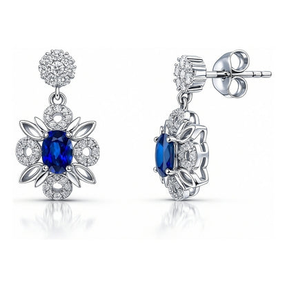 Flower Halo Sapphire-Blue CZ Earrings in Sterling Silver