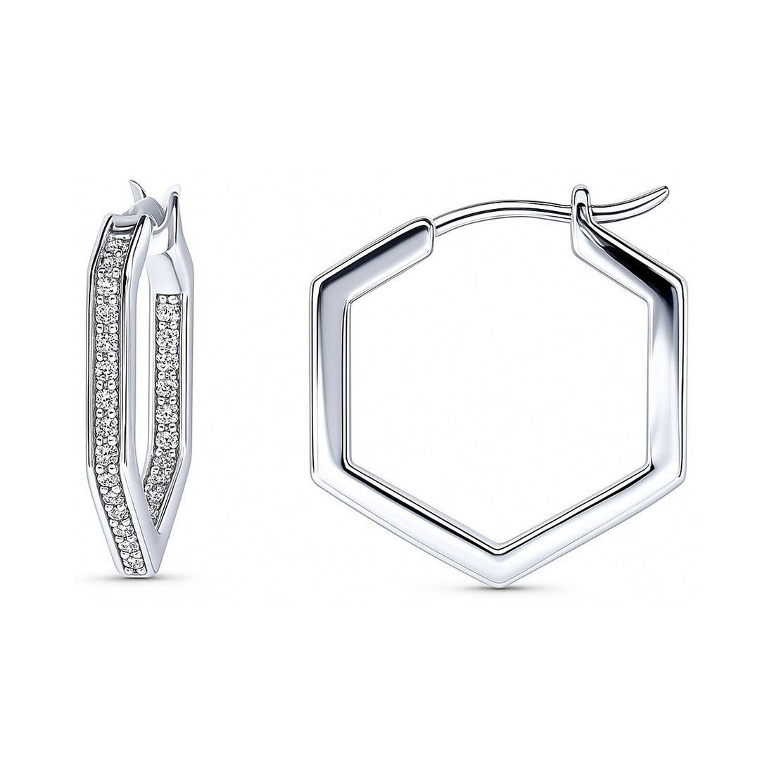 Hexagon CZ Small Inside-Out Hoop Earrings in Sterling Silver 0.8"
