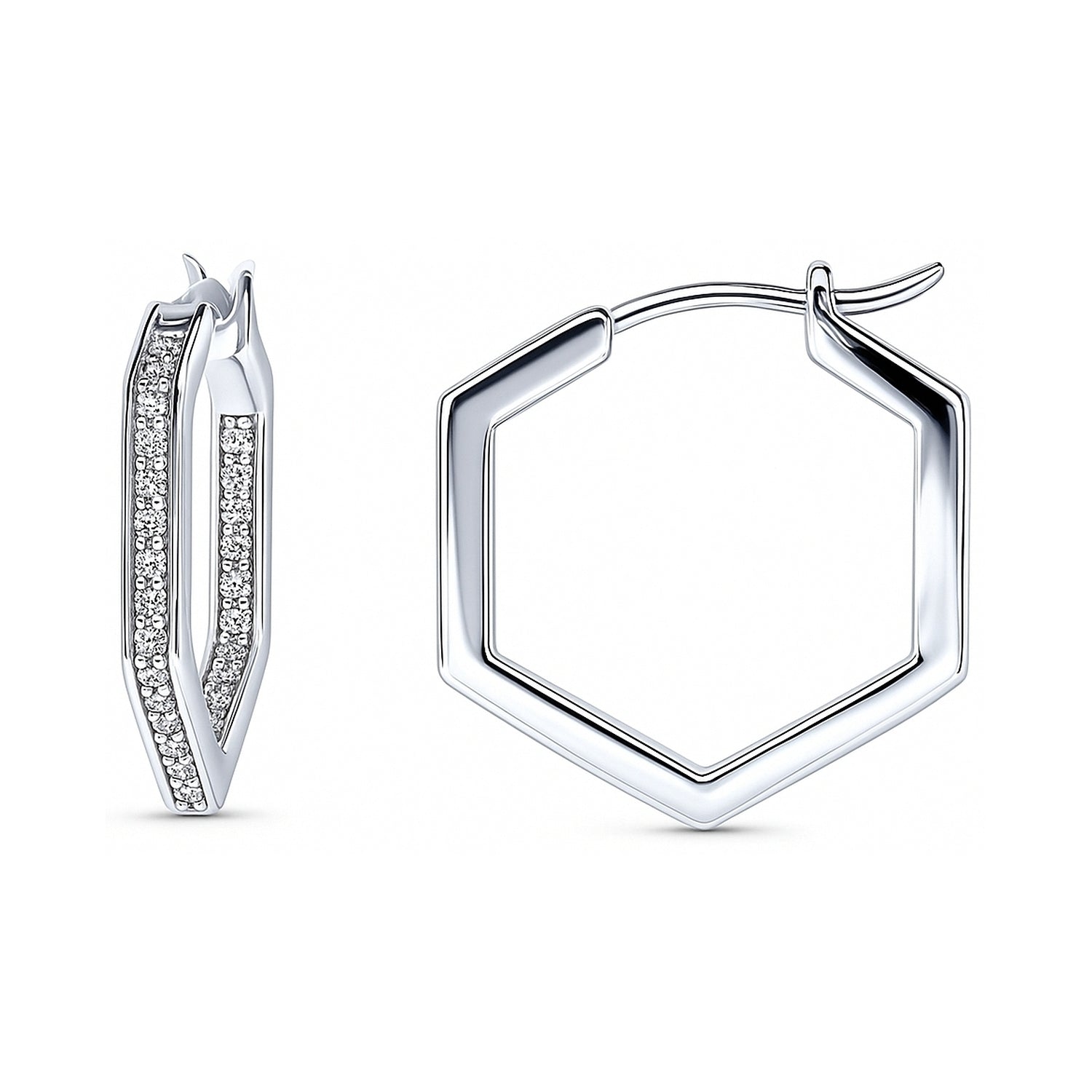 Hexagon CZ Small Inside-Out Hoop Earrings in Sterling Silver 0.8 inch, Rhodium Plated