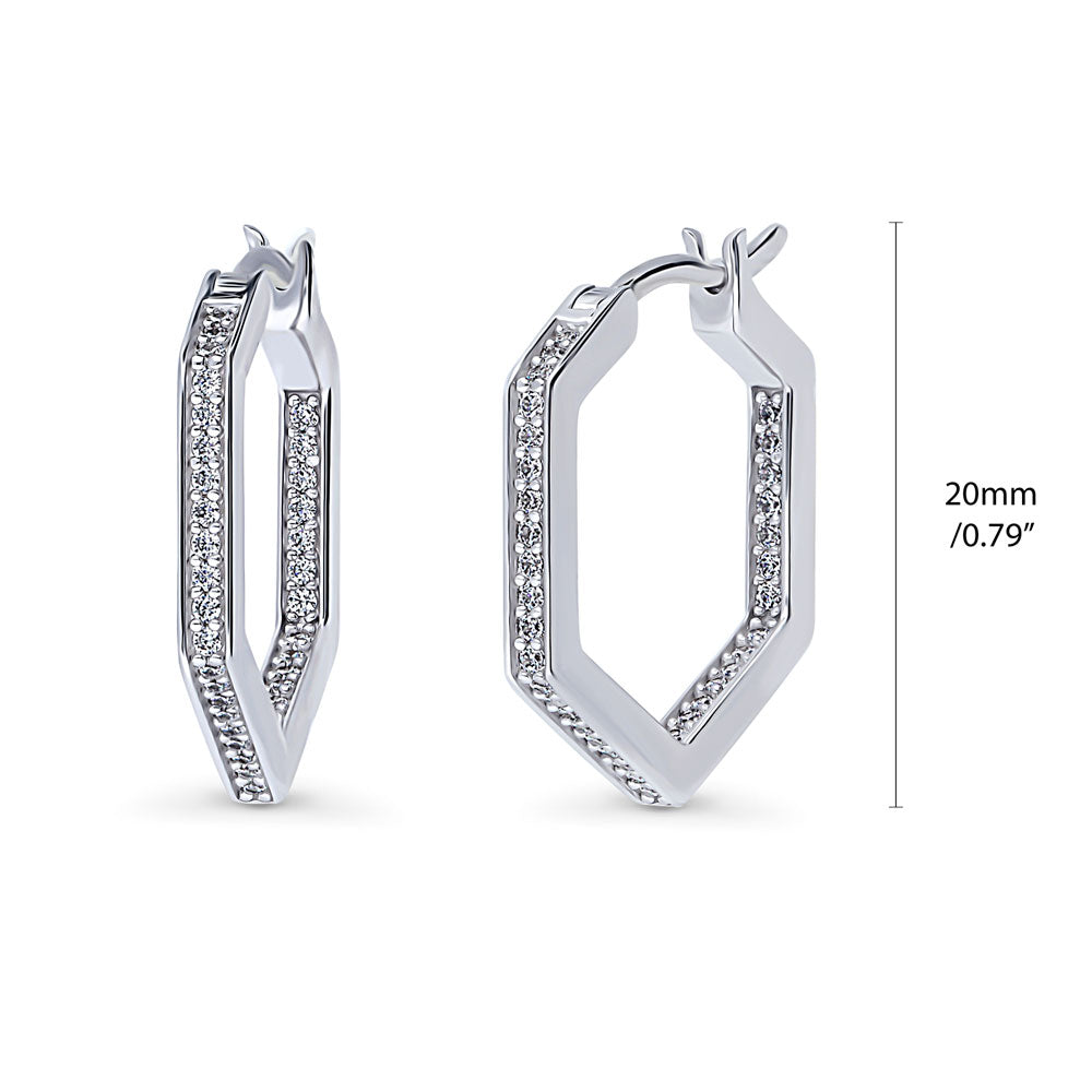 Front view of Hexagon CZ Inside-Out Hoop Earrings in Sterling Silver 0.8 inch, Rhodium Plated