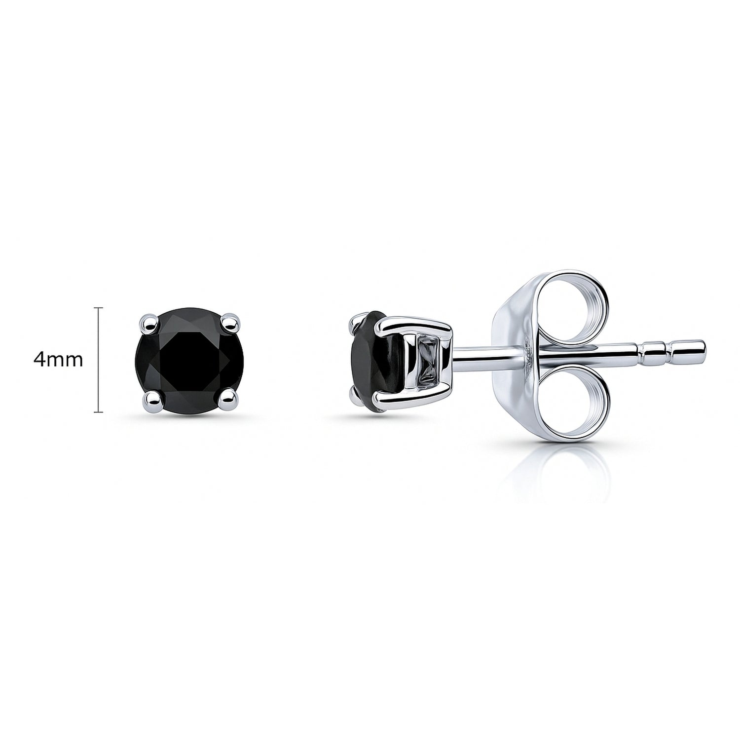 Solitaire Black CZ Stud Earrings in Sterling Silver, 4mm