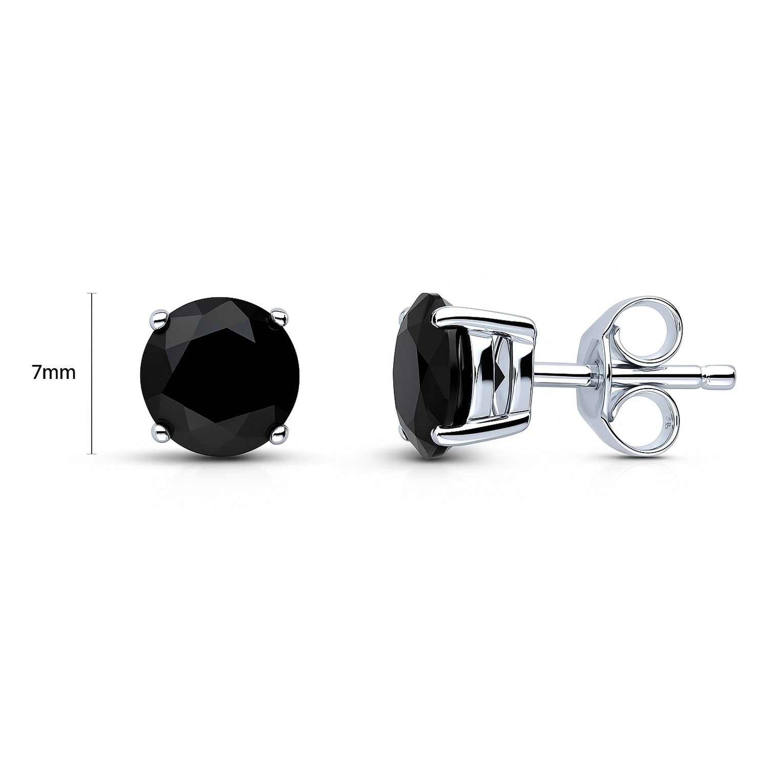 Solitaire Black CZ Stud Earrings in Sterling Silver, 7mm