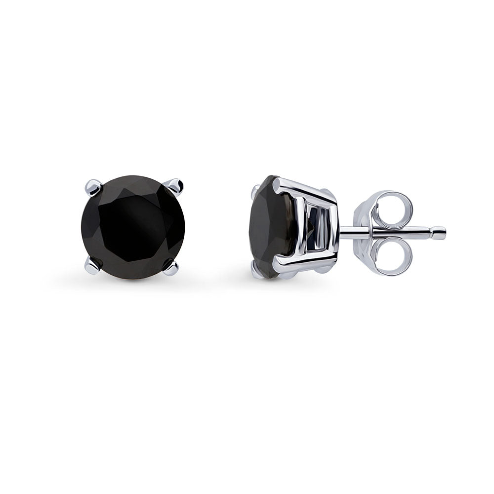 Solitaire Black CZ Stud Earrings in Sterling Silver, 8mm