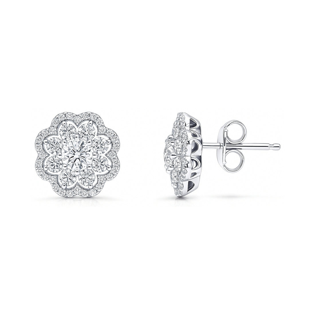 Flower Halo CZ Stud Earrings in Sterling Silver