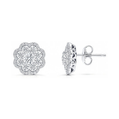 Flower Halo CZ Stud Earrings in Sterling Silver