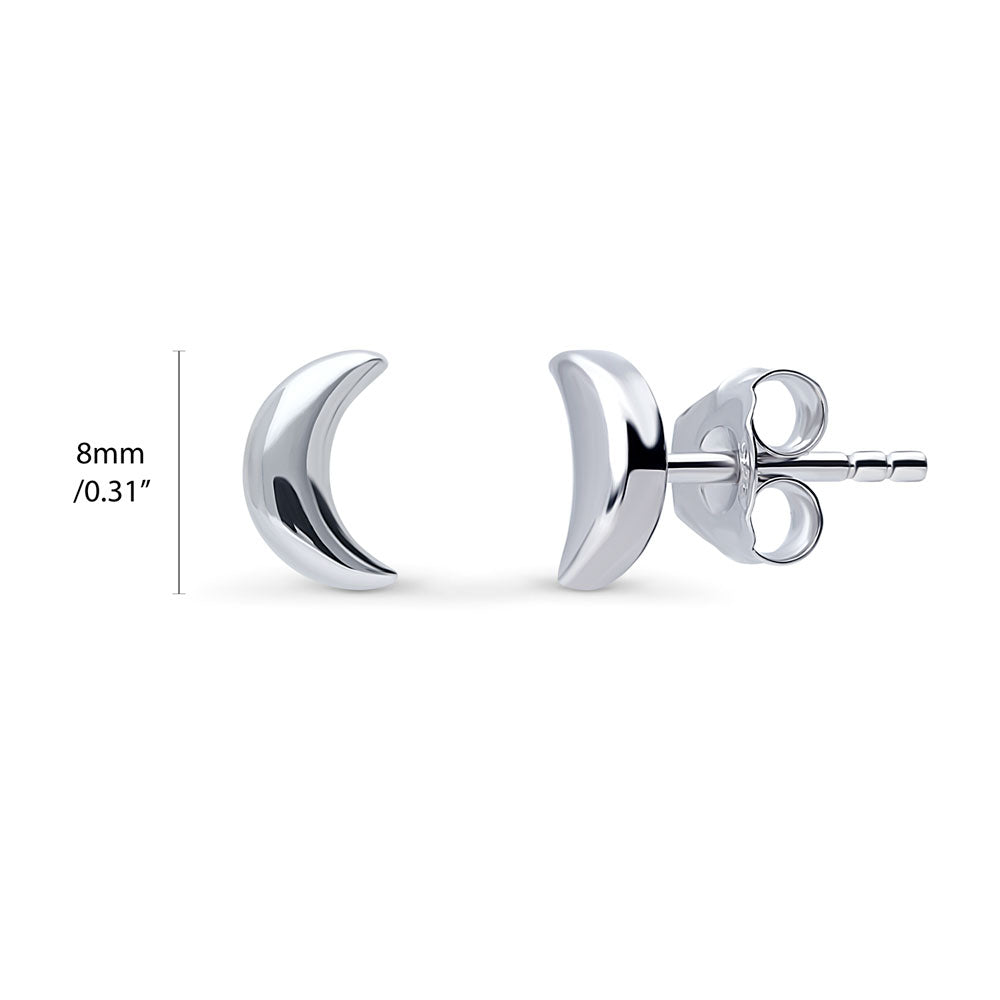 Front view of Crescent Moon Stud Earrings in Sterling Silver, Rhodium Plated