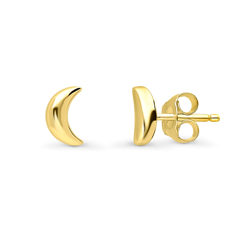 Crescent Moon Stud Earrings in Sterling Silver, Yellow Gold Flashed