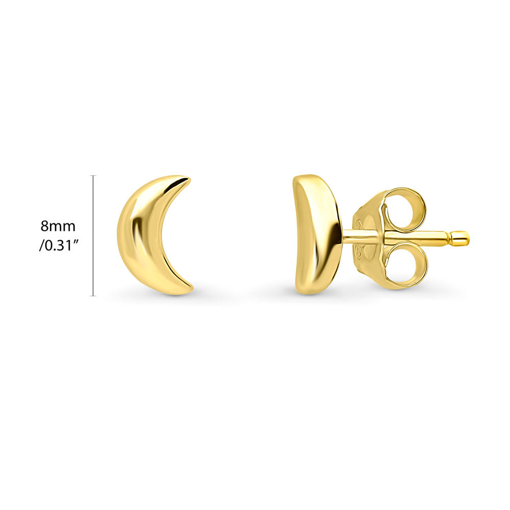 Front view of Crescent Moon Stud Earrings in Sterling Silver, Yellow Gold Flashed