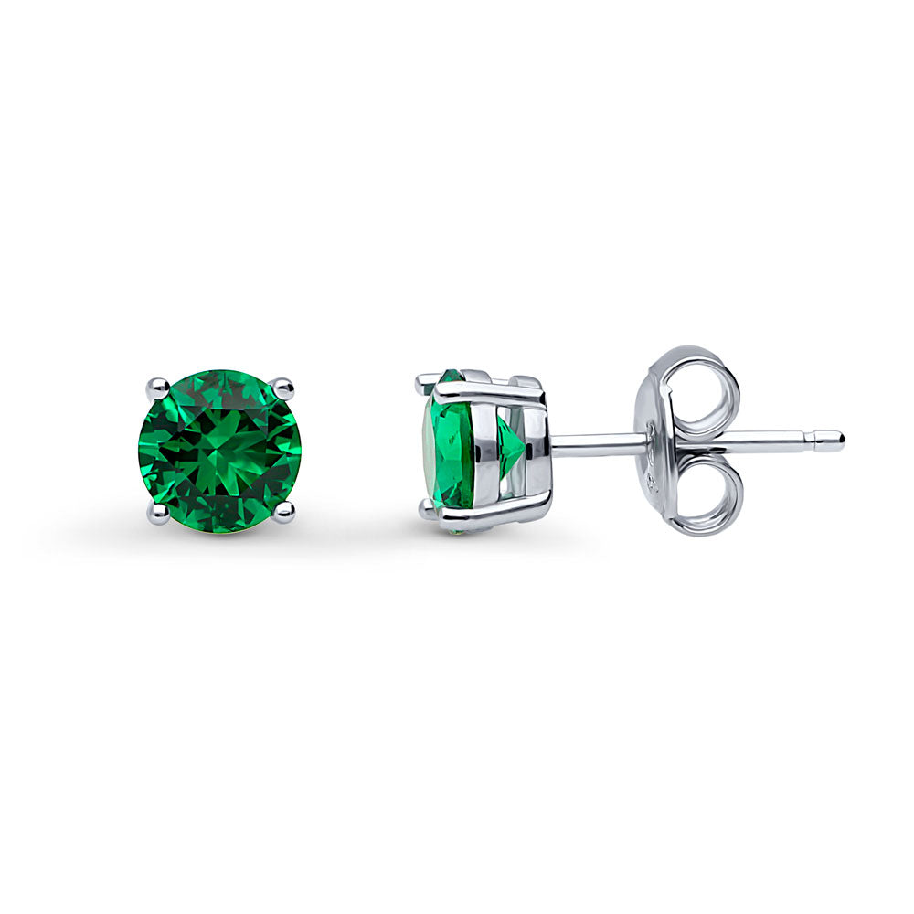 Solitaire CZ Stud Earrings in Sterling Silver 1.6ct, Emerald Color