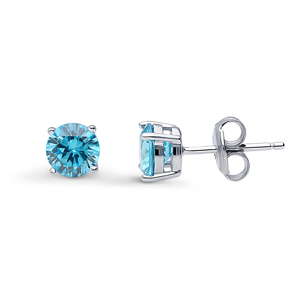 Solitaire CZ Stud Earrings in Sterling Silver 1.6ct, Aquamarine Color