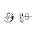 Crescent Moon North Star Stud Earrings in Sterling Silver, Rhodium Plated