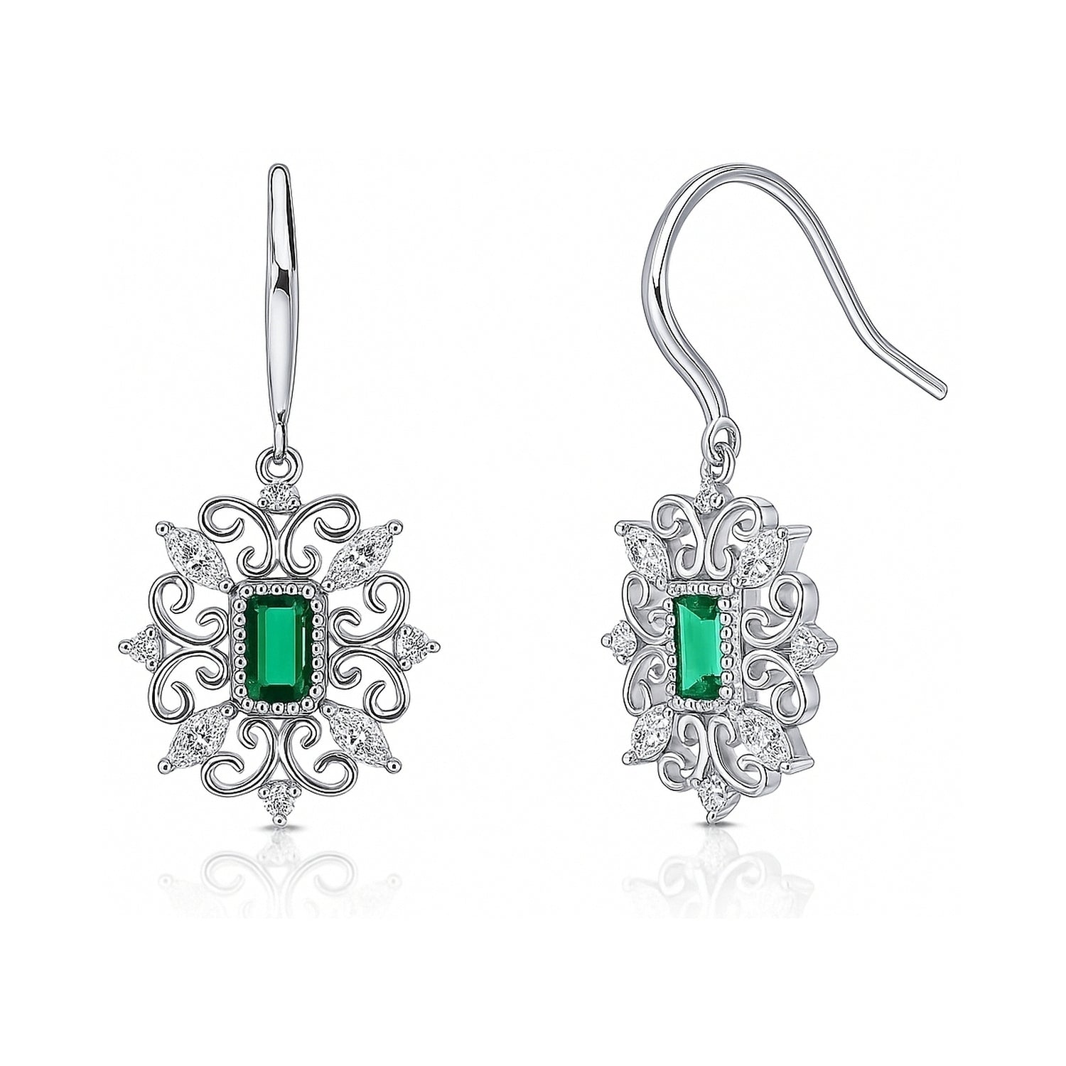 Art Deco Filigree Green CZ Fish Hook Earrings in Sterling Silver, 1 of 7