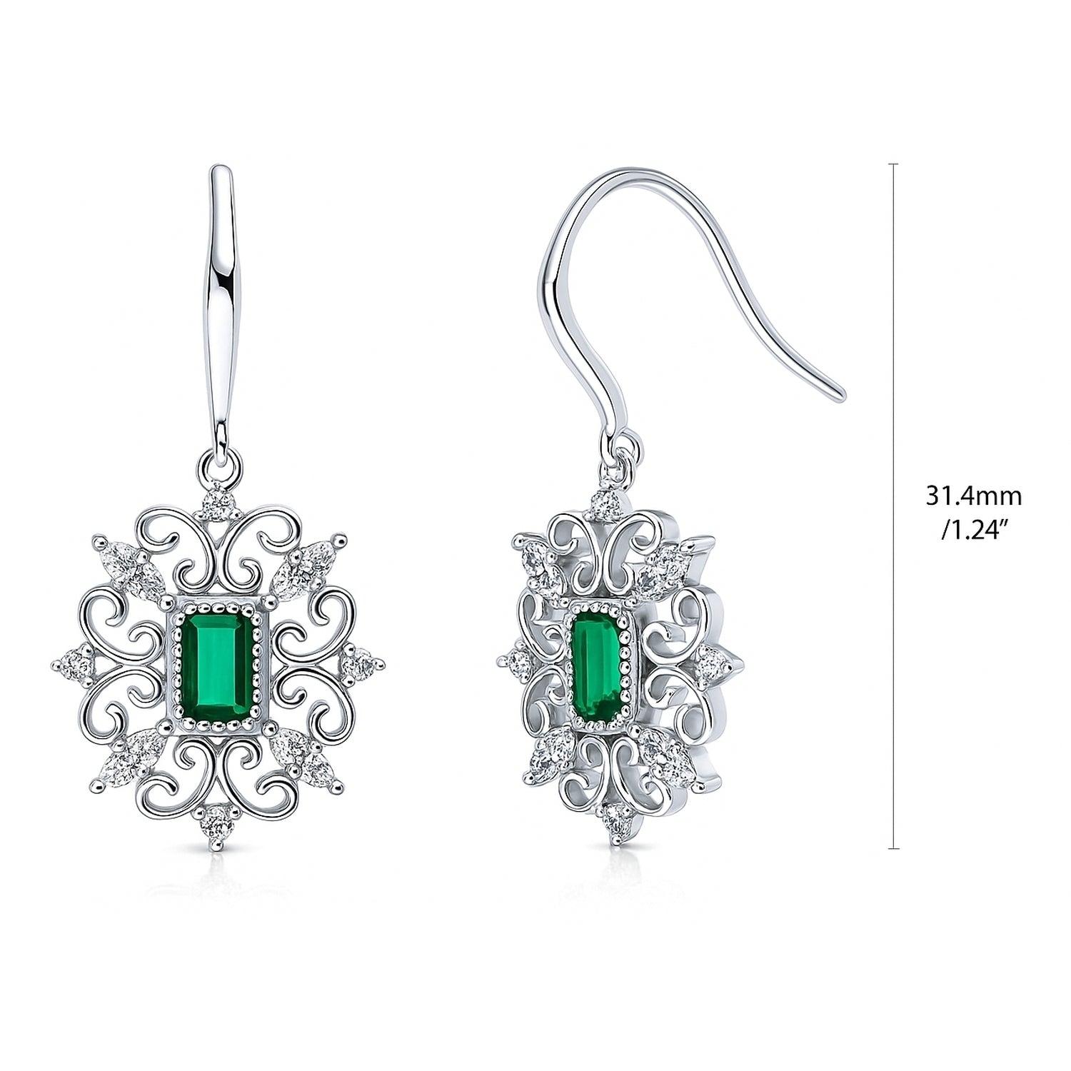 Art Deco Filigree Green CZ Fish Hook Earrings in Sterling Silver, 4 of 7