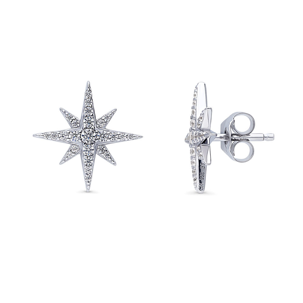 North Star CZ Necklace and Earrings in Sterling Silver, Rhodium Plated