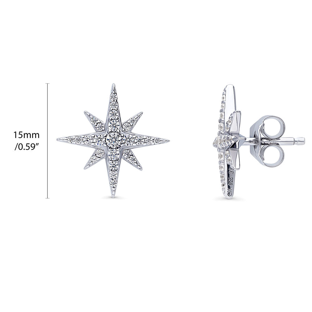 Front view of North Star CZ Necklace and Earrings in Sterling Silver, Rhodium Plated