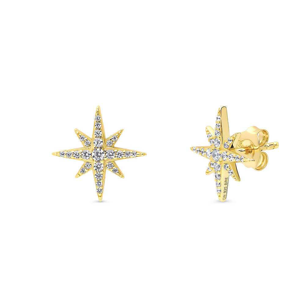 North Star CZ Necklace and Earrings in Sterling Silver, Yellow Gold Flashed