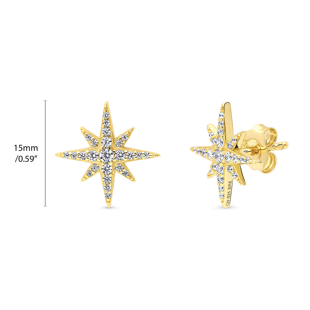 Front view of North Star CZ Necklace and Earrings in Sterling Silver, Yellow Gold Flashed