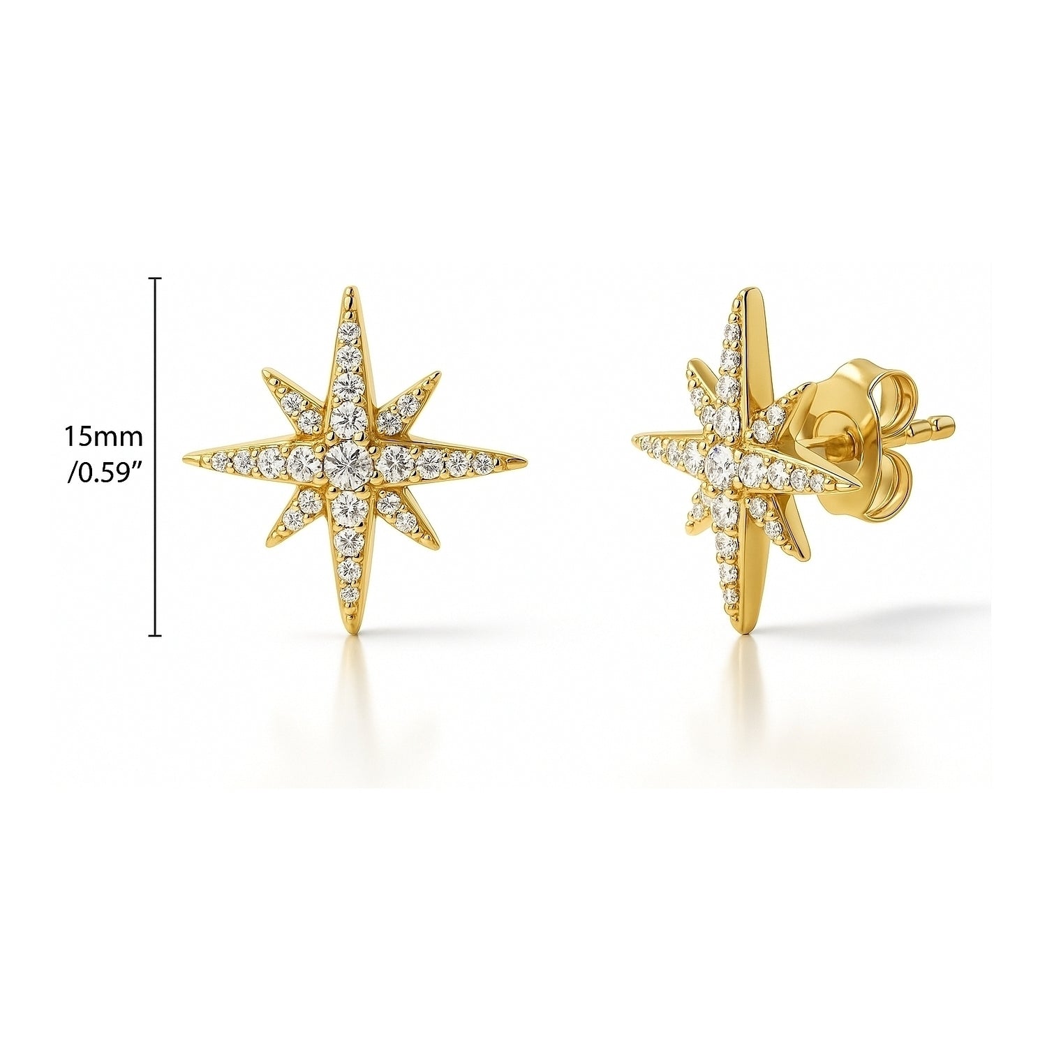 North Star CZ Stud Earrings in Sterling Silver, Yellow Gold Flashed