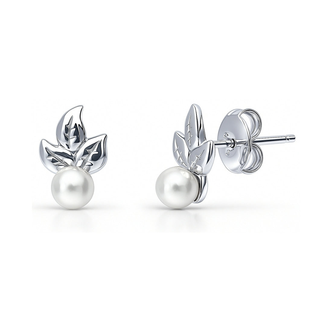 Leaf Imitation Pearl Stud Earrings in Sterling Silver