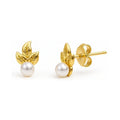 Leaf Imitation Pearl Stud Earrings in Sterling Silver, Yellow Gold Flashed