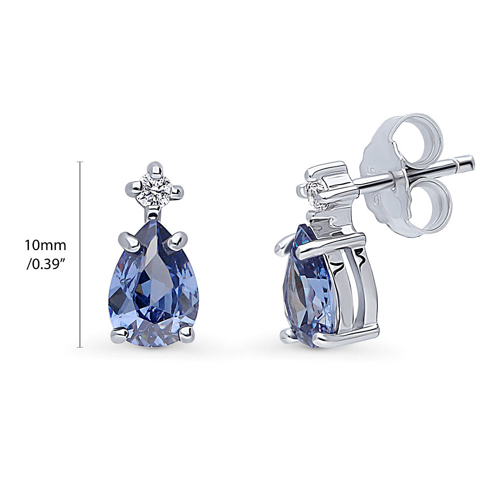 Front view of Solitaire 2-Stone 1.4ct Pear CZ Stud Earrings in Sterling Silver, Tanzanite Color