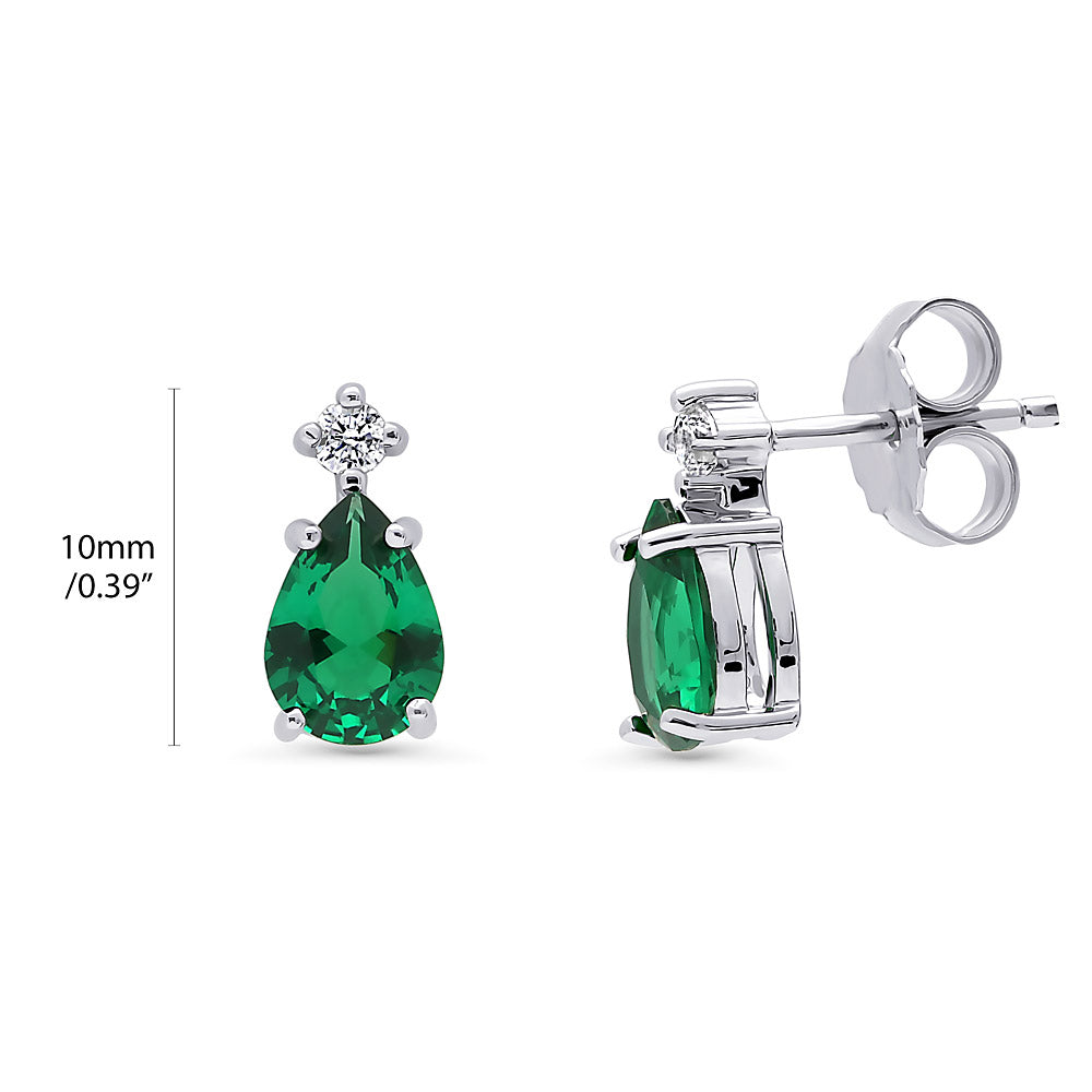 Front view of Solitaire Pear Cut Set in Sterling Silver, Green Color