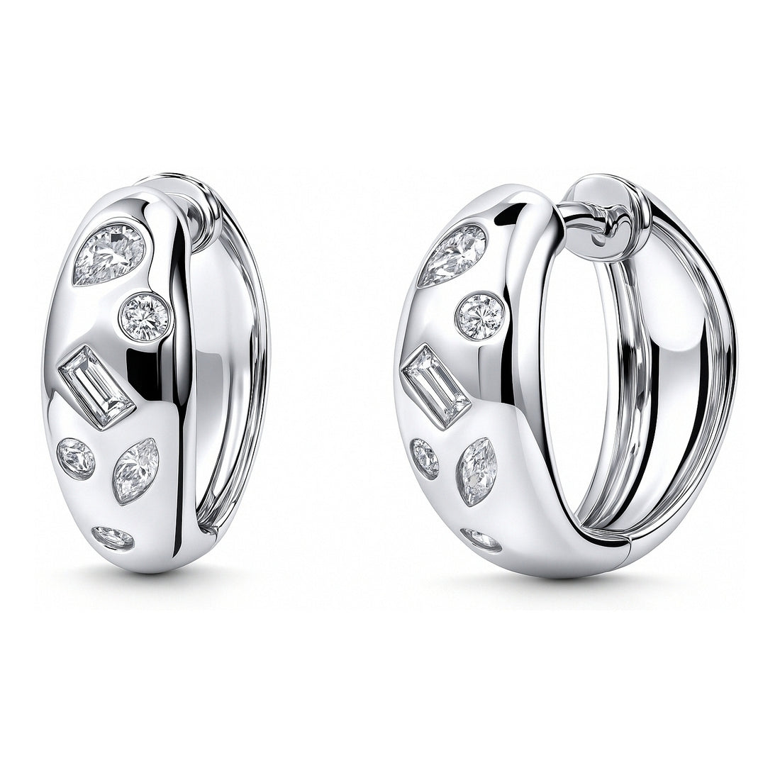 Dome CZ Small Hoop Earrings in Sterling Silver 0.8"