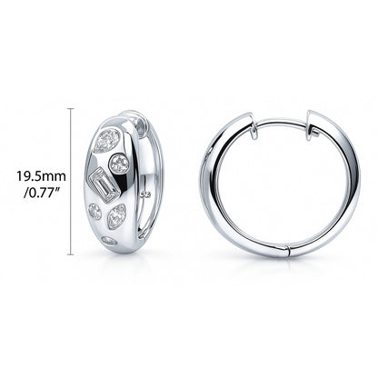 Dome CZ Small Hoop Earrings in Sterling Silver 0.8"