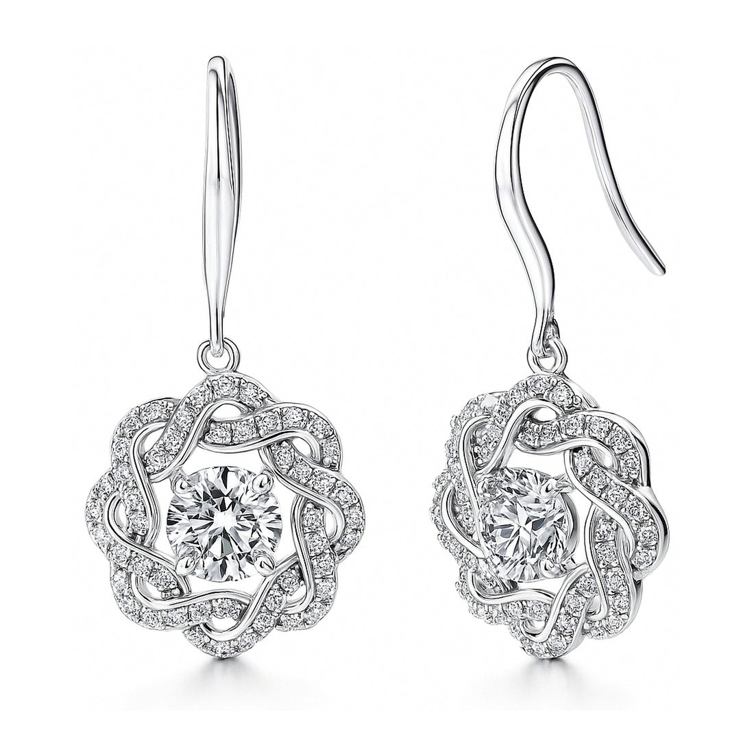 Flower Ribbon Wreath CZ Fish Hook Earrings in Sterling Silver
