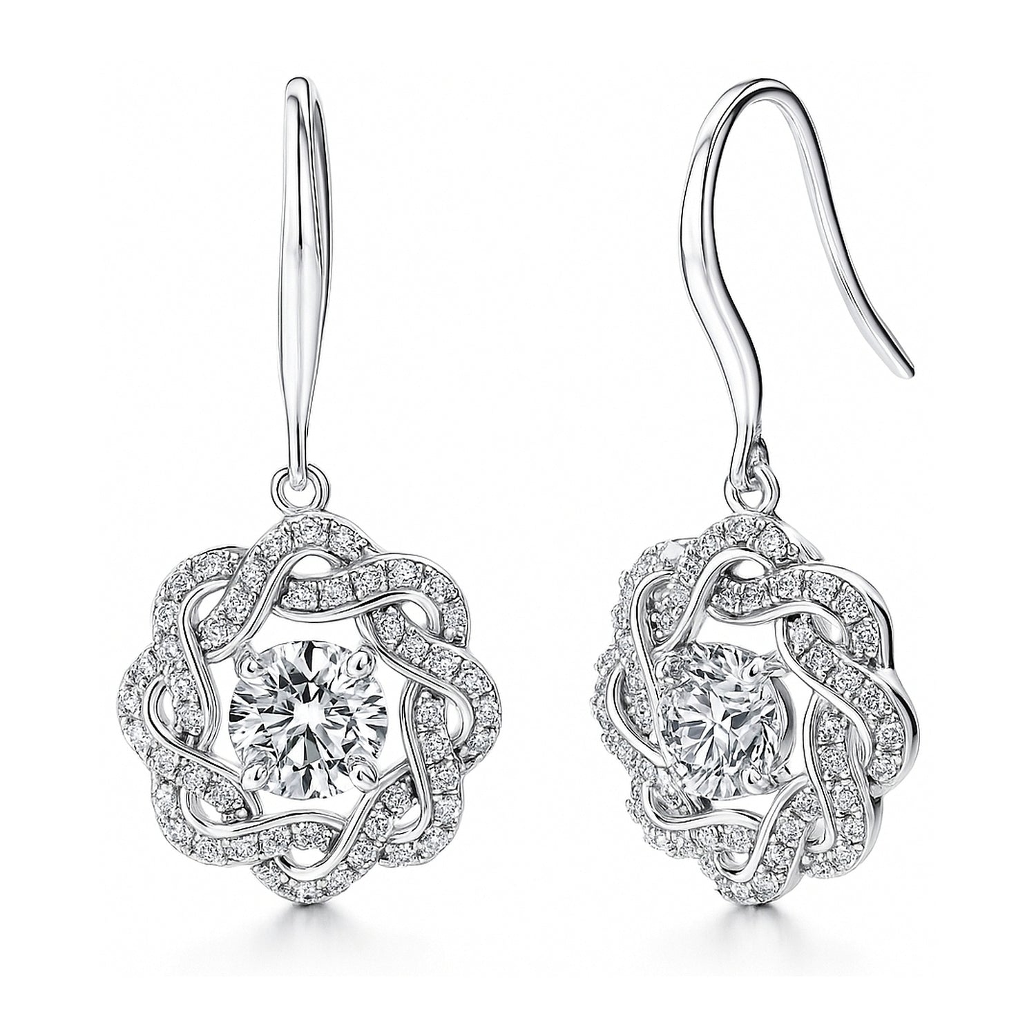 Flower Ribbon Wreath CZ Fish Hook Earrings in Sterling Silver