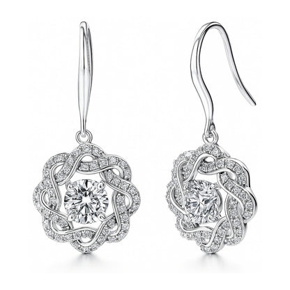 Flower Ribbon Wreath CZ Fish Hook Earrings in Sterling Silver