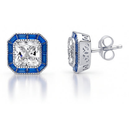 Halo Art Deco Milgrain Princess CZ Set in Sterling Silver