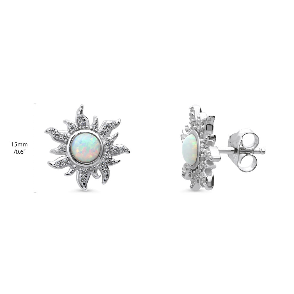 Front view of Sun Sunburst Simulated Opal CZ Stud Earrings in Sterling Silver, Rhodium Plated