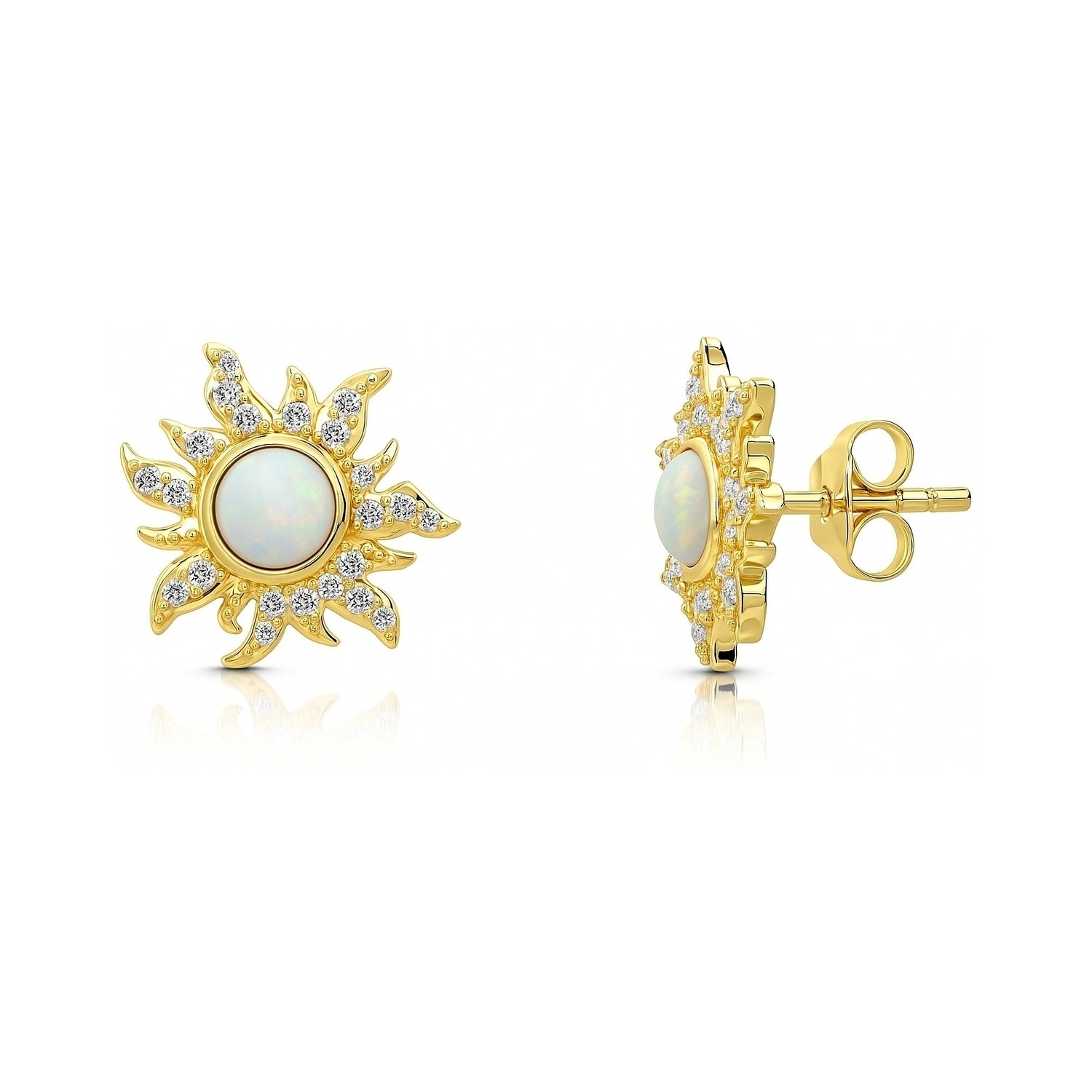 Sun Sunburst Halo Opal-White CZ Stud Earrings in Sterling Silver, Yellow Gold Flashed