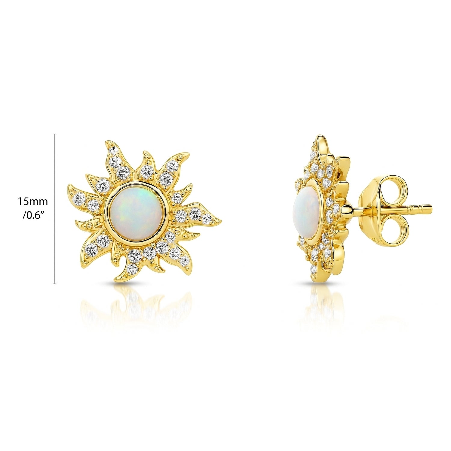 Sun Sunburst Halo Opal-White CZ Stud Earrings in Sterling Silver, Yellow Gold Flashed