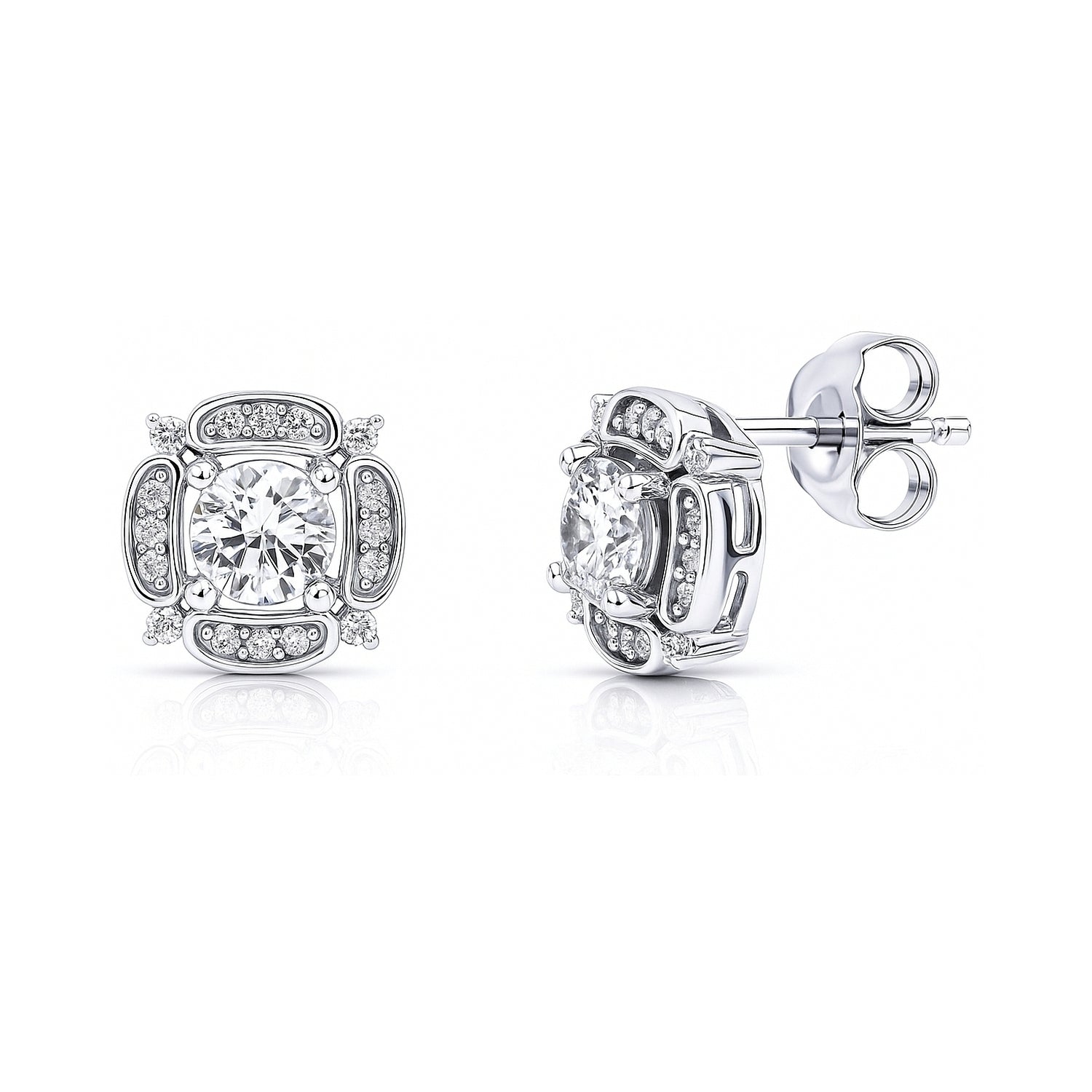 Flower Halo CZ Necklace and Earrings in Sterling Silver, Clear Color